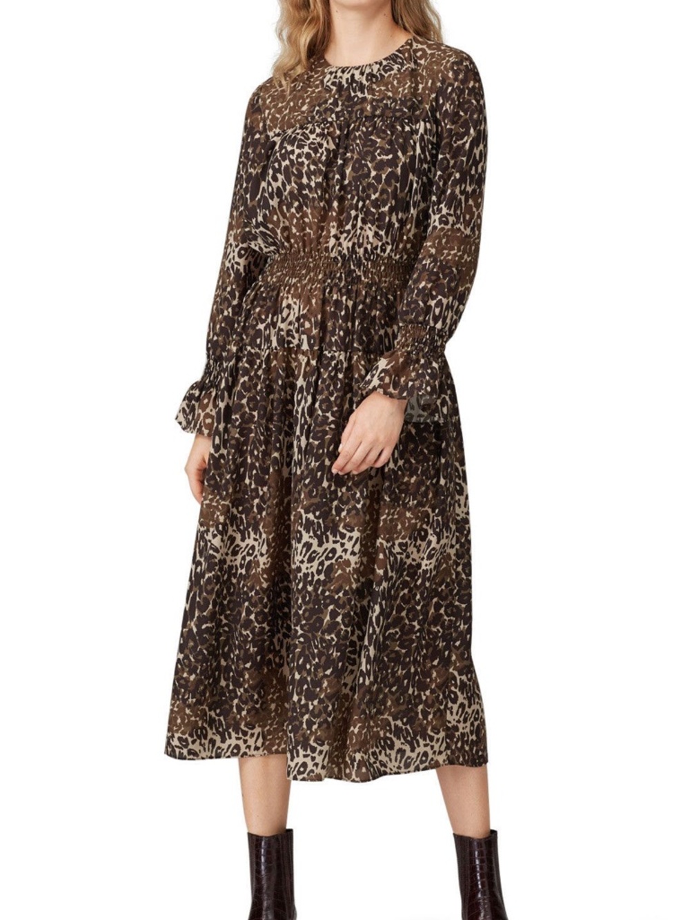 Leopard Print Brown Long-Sleeve Midi Dress